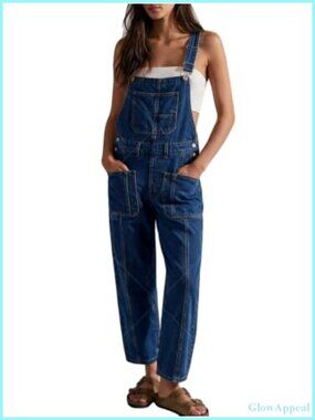 Womens Cotton Blend Jean Bib Overalls Adjustable Straps Wide Leg Jumpsuit